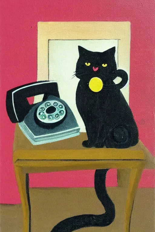 Prompt: black cat sitting next to vintage telephone, art by rosina wachtmeister