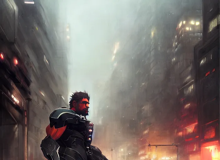 Image similar to samuel rodriguez from metal gear rising revengeance in the city by greg rutkowski