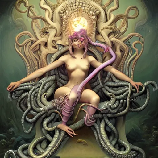 Image similar to lovely medusa in her throne room, realistic, intricate, highly detailed, peter mohrbacher