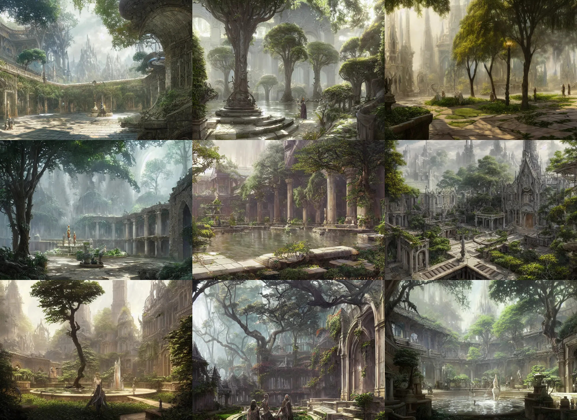 Image similar to A wide open courtyard in a beautiful elven city made of ivory, anime, lush trees, fountain, a fantasy digital painting by Greg Rutkowski and James Gurney, trending on Artstation, highly detailed