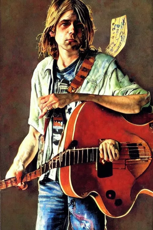 Image similar to kurt cobain from nirvana painted by norman rockwell