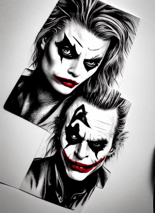 Image similar to tattoo design of margot robbie with joker makeup, ace card, in the style of rob richardson, realistic face, black and white, realism tattoo, hyper realistic, highly detailed