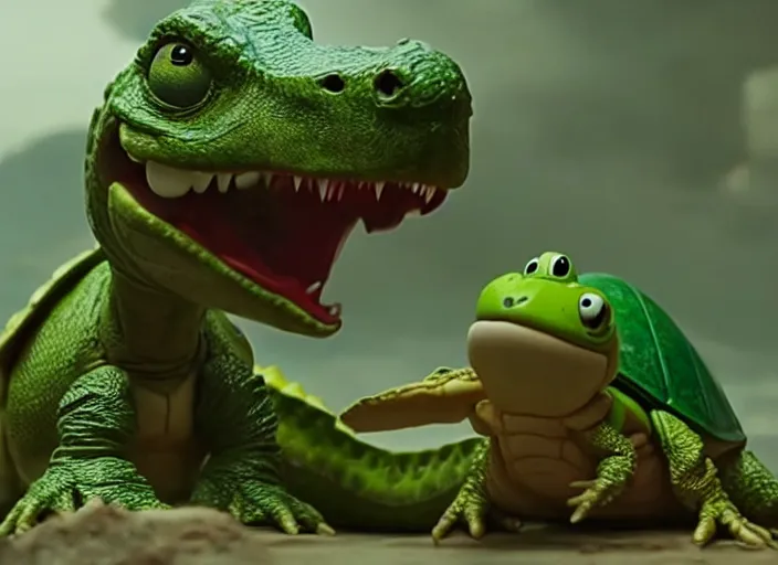 Image similar to film still of yoshi in the new sci - fi movie, cute upright dinosaur with a small turtle shell and long tongue, 8 k