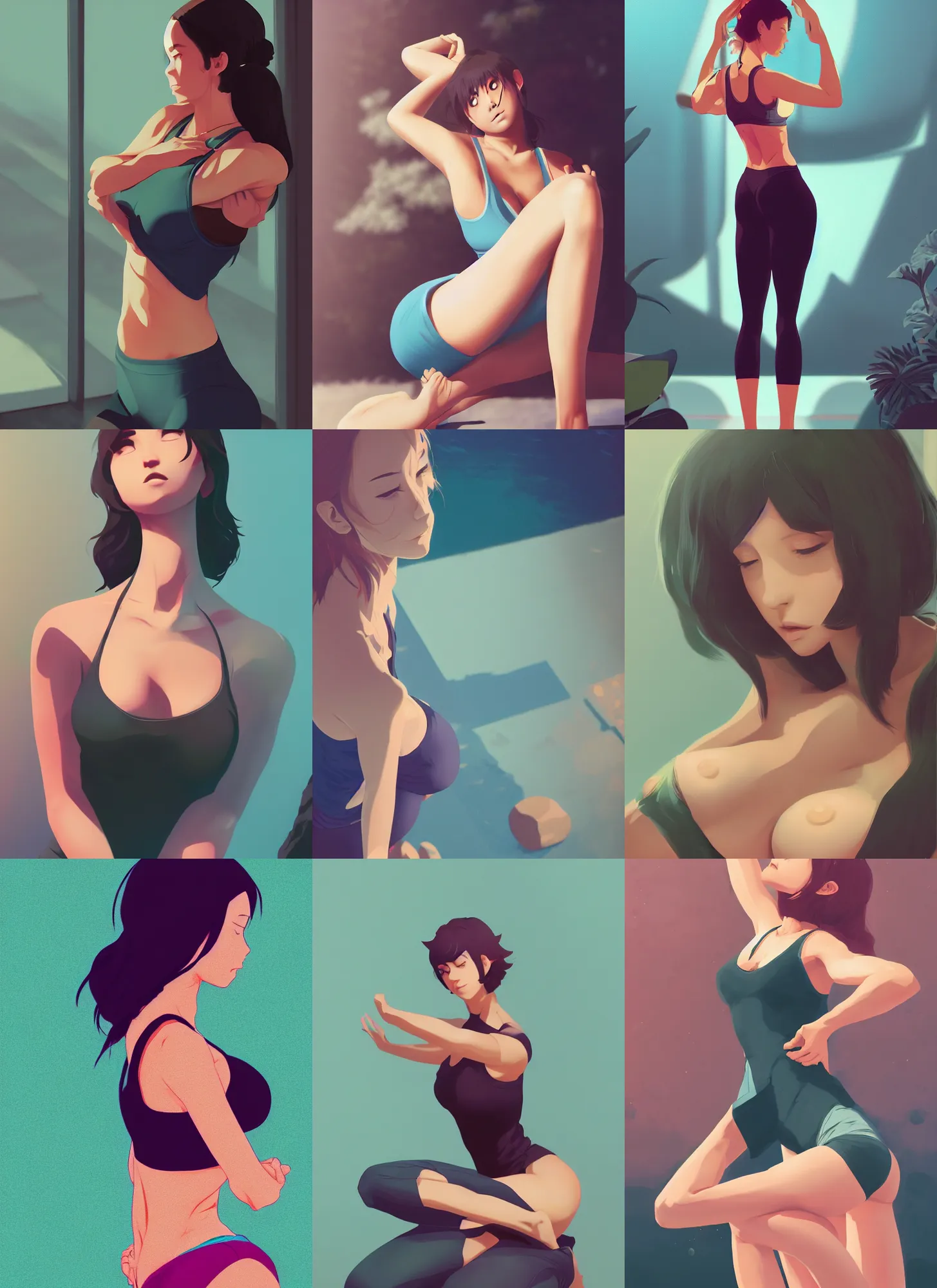Prompt: very detailed photo of alluring yoga instructor, manga, beautiful, pretty face, curvaceous, 4 k, cinematic lighting, highly detailed, sharp focus, artstation, masterpiece, art by atey ghailan