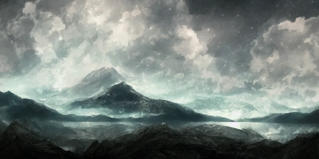 Prompt: digital art, trending on artstation, a mountainous landscape with a lake filled with stars at the bottom, with the sky full of clouds and storm