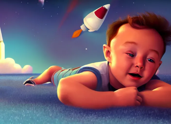 Prompt: toddler elon musk lying on a fluffy rug playing with his space rockets, rendered with renderman, painterly, soft evening lighting, artstation, cgsociety