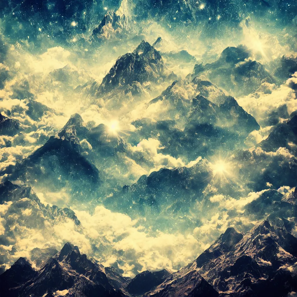 Image similar to vertical, mountains, limit, universe, galaxy, upwards, photo, blue sky, realistic, highly detailed, cinematic