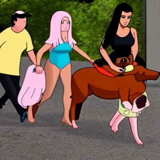 Image similar to kim kardashian in adventure time riding on jake the dog