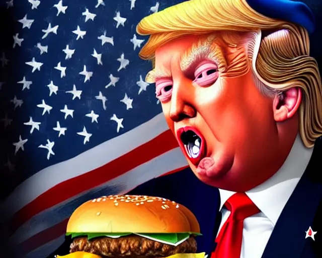 Image similar to !! donald trump!! licking a! cheeseburger! at a rally with american flags, deep focus, fantasy, intricate, highly detailed, digital painting, artstation, concept art, matte, sharp focus, illustration, hearthstone, art by artgerm and greg rutkowski and alphonse mucha,! hamburger!