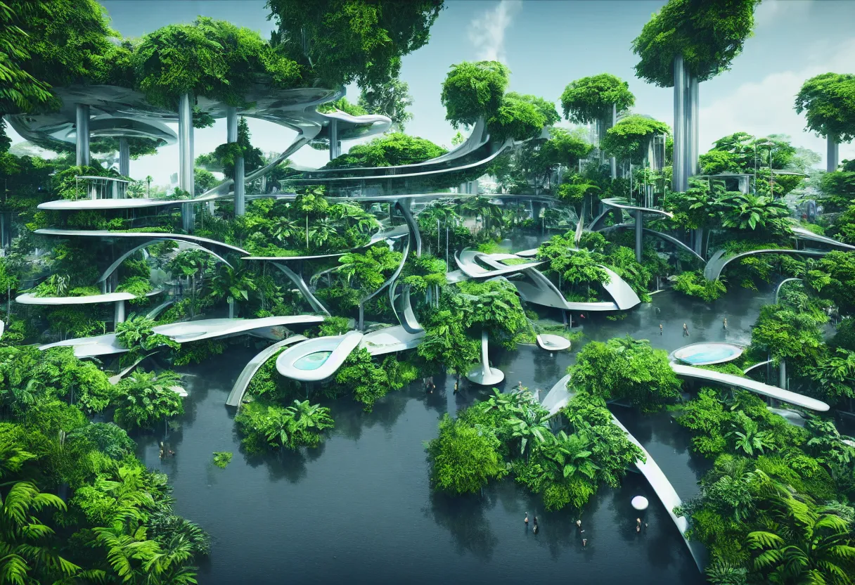 Image similar to futuristic architecture by norman foster, multi storey, connecting bridges, covered in lush foliage, surreal, ethereal bohemian garden, middle of gardens, cinematic shot, central square water feature, building inside the water, unreal engine, photorealistic, octane render