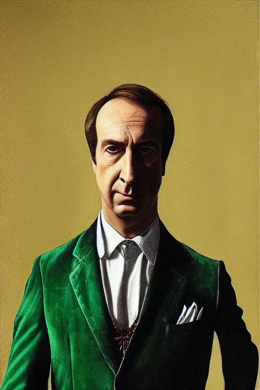 Prompt: “ saul goodman wearing a green velvet prada suit, caravaggio oil painting, high detail, shallow depth of field ”