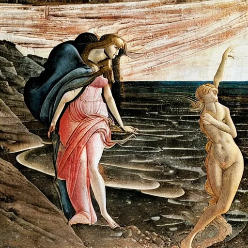 Prompt: the first landing on the moon, paited by botticelli