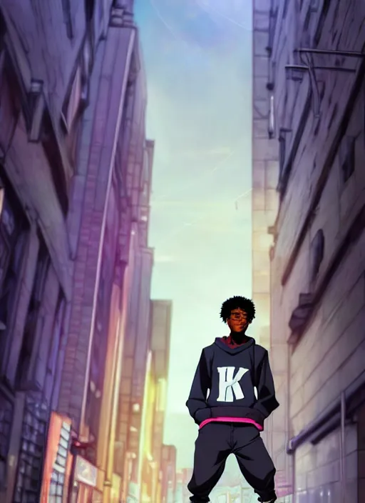 Image similar to handsome hip hop young black man in the city, model pose, sad, anime style, scenery wallpaper aesthetic, pastel colors, symmetrical face, cinematic, dramatic, super detailed and intricate, hyper realistic, 4 k render, by artgerm, by kyoung hwan kim, by ralph mcquarrie, by yoshiyuki tomino