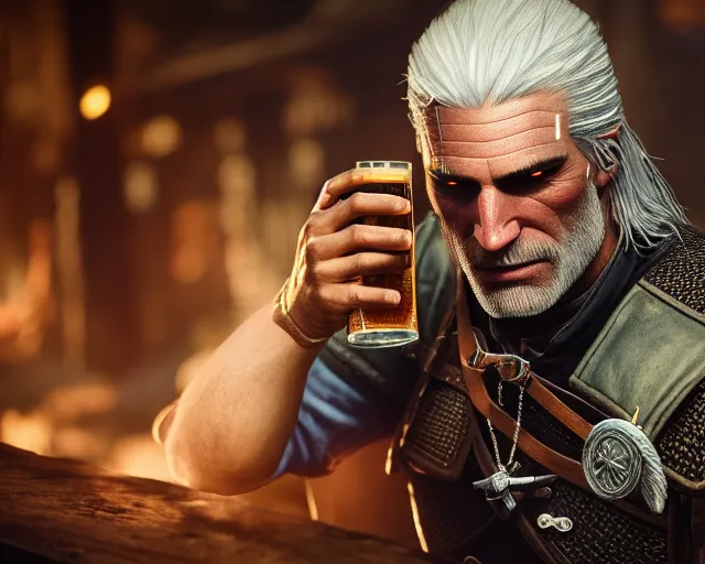 Image similar to 5 5 mm portrait photo of geralt drinking a beer. magical atmosphere. art by greg rutkowski. highly detailed 8 k. intricate. lifelike. soft light. nikon d 8 5 0.