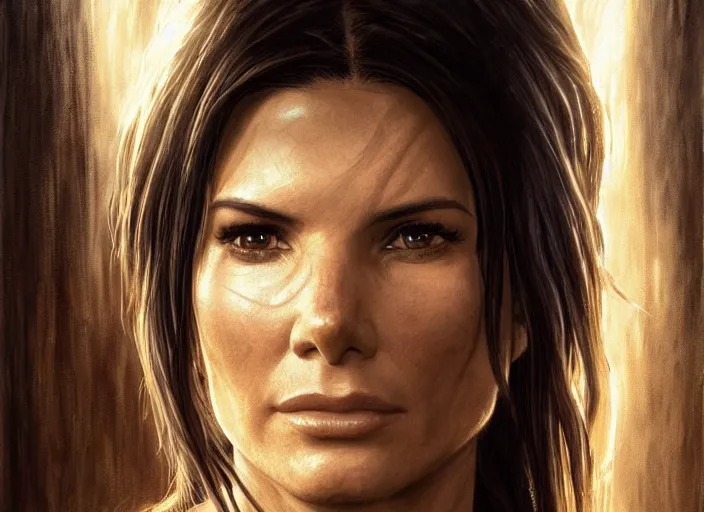 Image similar to face portrait of concentrated young Sandra Bullock as Lara Croft entering the large Minas Tirith gate, sun beams, intricate, elegant, highly detailed, centered, digital painting, artstation, concept art, smooth, sharp focus, illustration, Allan Lee, John Howe