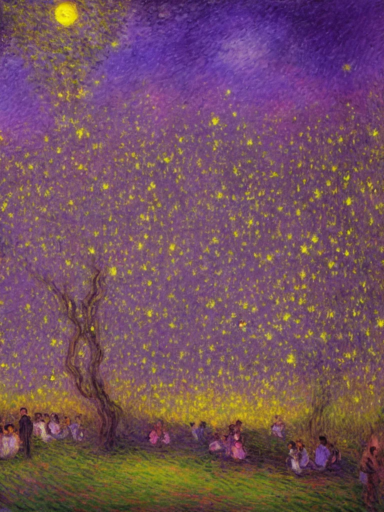 Prompt: gauzy twilight impressionist painting of fireflies in my backyard with an old apple tree in a purple cast with people! dancing in the moonlight, moon in right of sky, some city, intense purplish color oil painting by claude monet and piet mondrian, cosmic trending on artstation 8 k