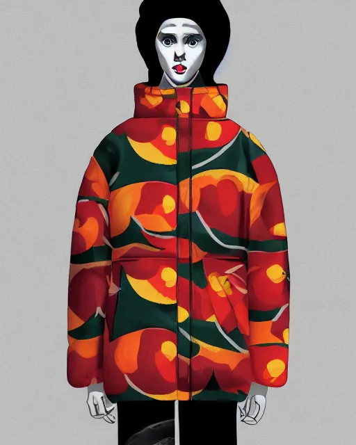 Image similar to a puffy and oversized winter jacket mango fruit jacket, concept, virgil abloh, wes anderson, ilya kuvshinov, photorealistic, artstatio, high fashion, modern