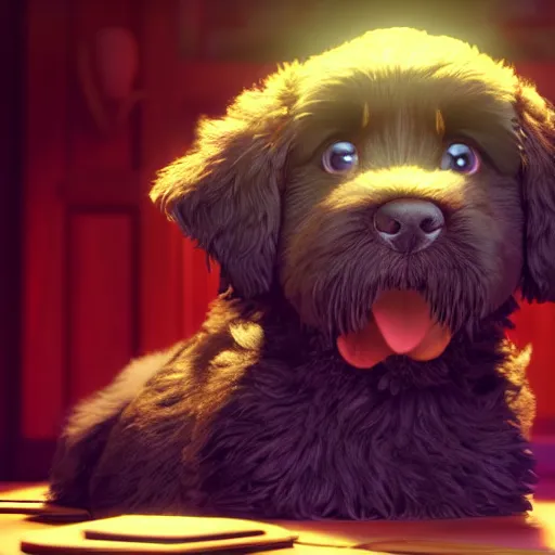 Image similar to a wholesome animation key shot of a black bernedoodle puppy, pixar and disney animation, sharp, rendered in unreal engine 5, anime key art by greg rutkowski, bloom, dramatic lighting