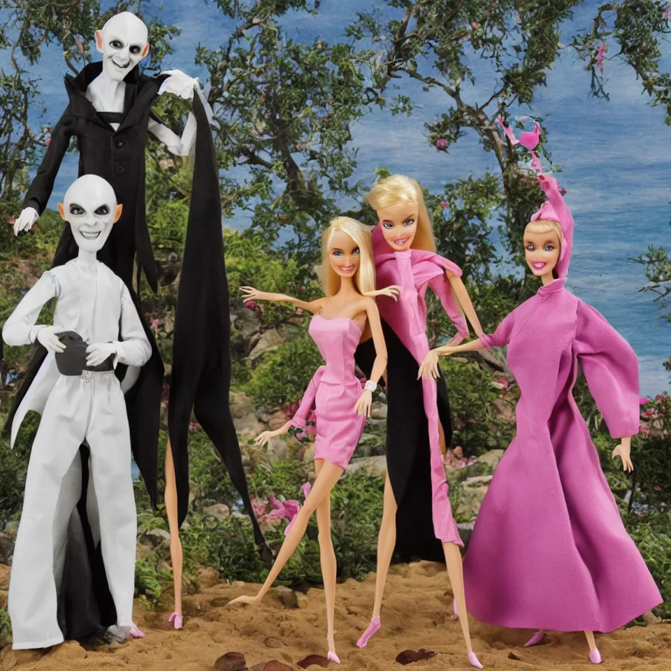 Image similar to Nosferatu and Barbie on vacation