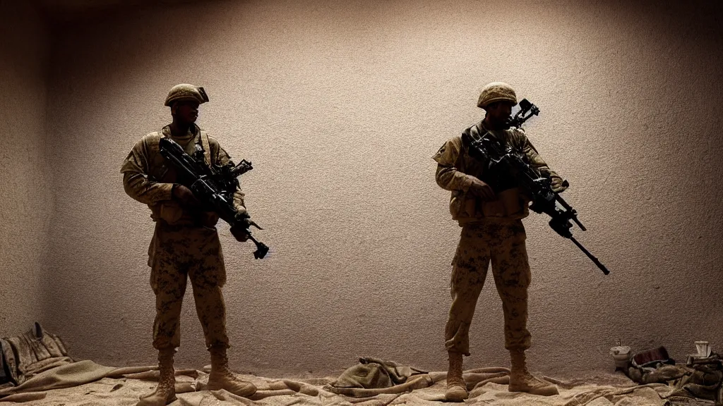 Image similar to film still of a marine soldier with a sniper rifle on his back standing in a dusty room with traditional colorful carpets on the wall in front of a sandy window. moody, grainy, 4 k, high detail, aesthetic, good composition, overdetailed, room cluttered with items, anatomically correct, directed by best director in the world,