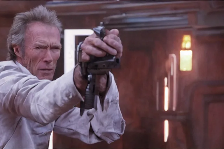 Prompt: film still of clint eastwood man with no name as han solo aiming a 4 4 magnum in new star wars, inside a tavern, 4 k