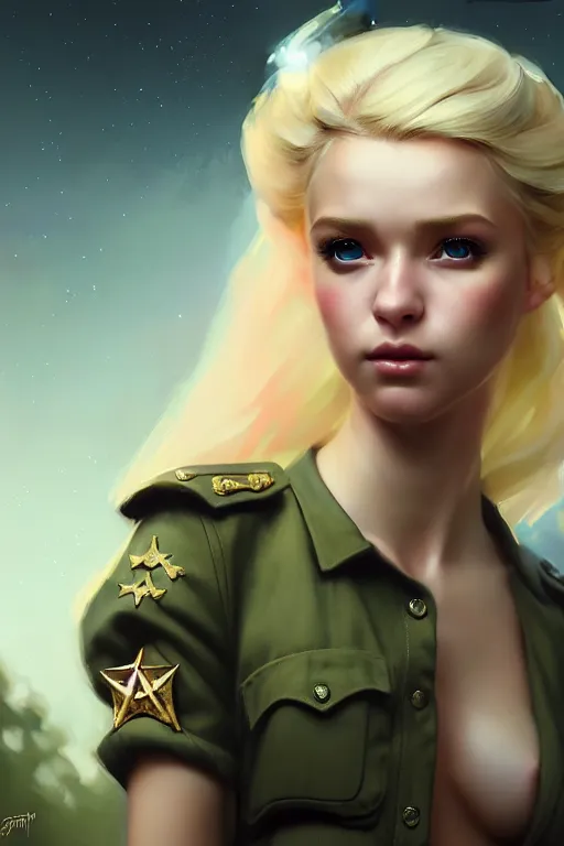 Image similar to cinematic shot of an epic portrait of a cute blonde fairy dressed in military clothes, stylised military clothes, shiny skin, beautiful eyes, beautiful, small details, night setting, realistic poster with volumetric light from craig mallism, artgerm, jeremy lipkin and michael garmash, unreal engine, radiant light, digital art, trends at art station, a masterpiece