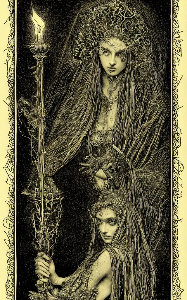 Image similar to tarot card of hecate the gloomy and beautiful goddess of witchcraft, torches, ancient keys, smokes, gustave dore, franklin booth, andrey remnev, black paper, etching, engraving, intricate line work, green line work details, mandelbulb fractal, portrait, trending on artstation, exquisite details, risography print, 4 k, 4 k