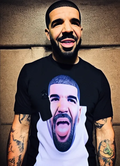 Image similar to Drake wearing a shirt of himself with matching facial expressions, iPhone photo