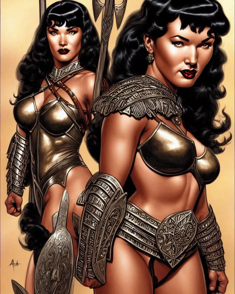 Prompt: a young bettie page as an amazon warrior, tall and beautiful with brown skin and long hair, dressed in hellenistic body armor, intricate, elegant, highly detailed, smooth, sharp focus, detailed face, art by ardian syaf