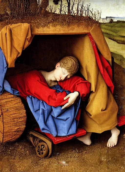 Image similar to Unconscious 10 years old boy dressed in some rags curled up into a ball, he clung to the side of the wagon, medieval painting by Jan van Eyck, Florence