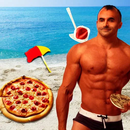 Image similar to muscular pizza man, beach background