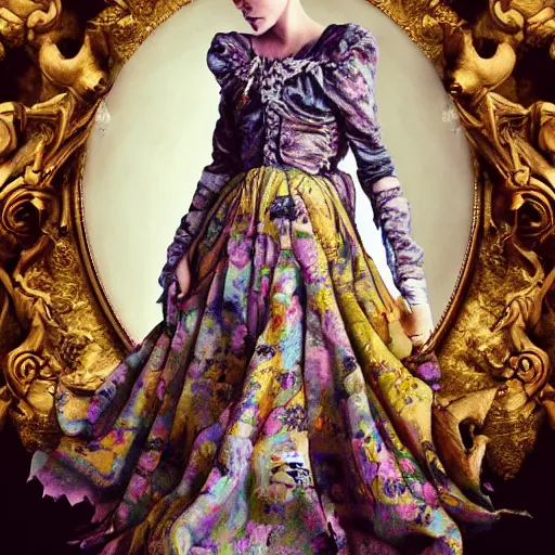 Image similar to “ 8 k, octane render, realism, tonalism, renaissance, rococo, baroque, portrait of charlize theron wearing long - harajuku manga - dress with flowers and skulls, cotton candy!! ( background chaotic gold leaf flowers ) ”