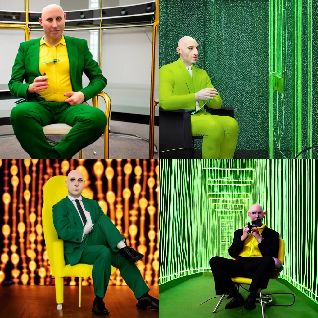 Prompt: bald man in a green suit is sitting in a yellow chair with cybernetics and wires attached to his head in a mirror room