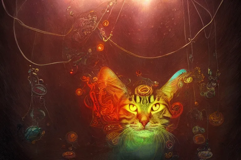 Image similar to psychedelic cat with trinket necklace, epic angle and pose, reflective pool, symmetrical artwork, ayahuasca, translucent, fungus, energy flows of water and fire, highly detailed, epic cinematic concept art, excellent composition, dystopian brutalist atmosphere, dynamic dramatic lighting, aesthetic, very inspirational, arthouse, Greg Rutkowski, Artgerm