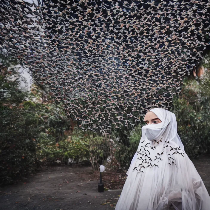 Image similar to a woman wearing a veil made of birds, in an abandoned theme park, by omar z. robles, canon eos c 3 0 0, ƒ 1. 8, 3 5 mm, 8 k, medium - format print