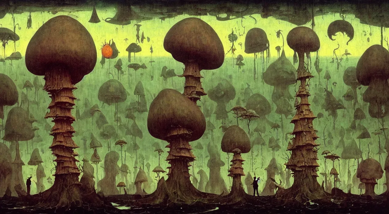 Image similar to single flooded simple!! ( lovecraftian ) toadstool tower anatomy, very coherent and colorful high contrast masterpiece by norman rockwell franz sedlacek hieronymus bosch dean ellis simon stalenhag rene magritte gediminas pranckevicius, dark shadows, sunny day, hard lighting