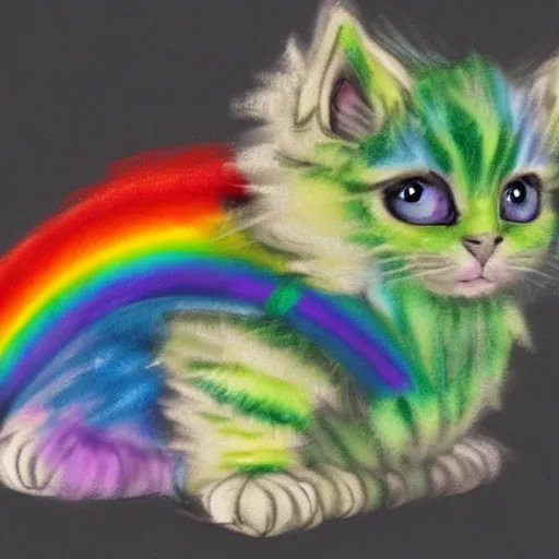 Image similar to wide angle full body, of a fluffy cute rainbow kitten wearing a black motorcycle jacket, concept art