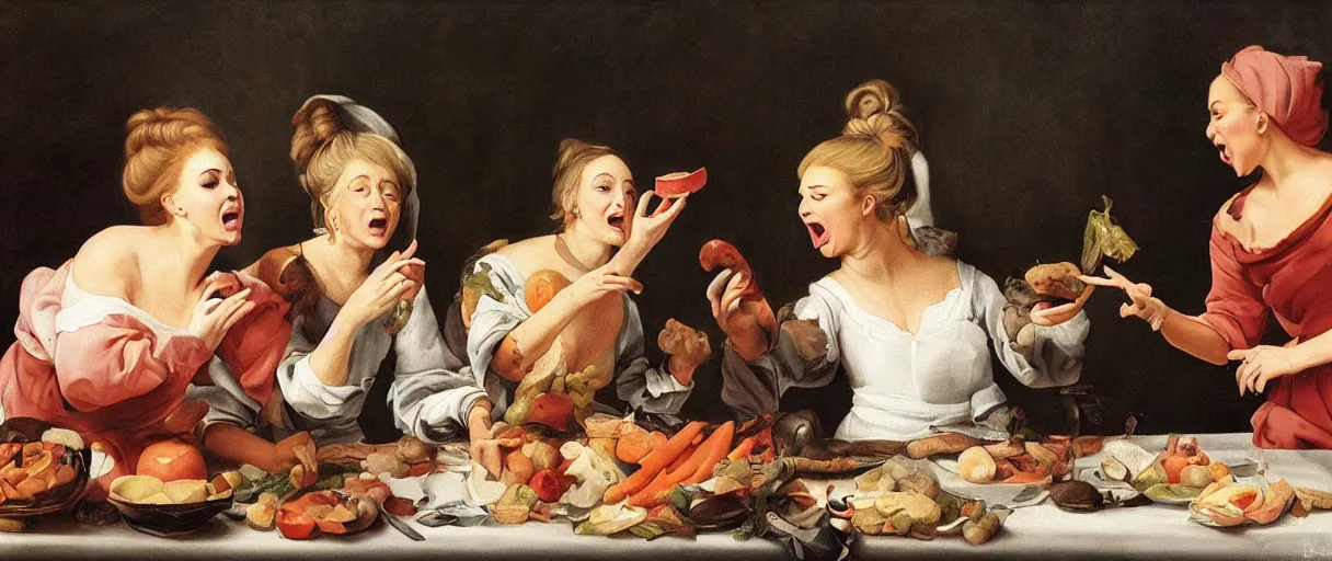 Image similar to painting portrait of ( ( ( two women yelling at cat meme ) ) ). taylor armstrong and kyle richards. crazy blonde woman sideview pointing and yelling at white cat that is eating vegetables from plate. accidental renaissance by diego velasquez, young woman, high resolution, very detailed art