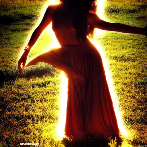 Prompt: absolutely stunning beautiful virgin dancing in summer field in dramatic lighting then dramatic shadows, dramatic details, dramatic zoom, dramatic lenses, dramatic f/x, dramatic everything, trendind everywhere, dramatic award winning dramatic digital art