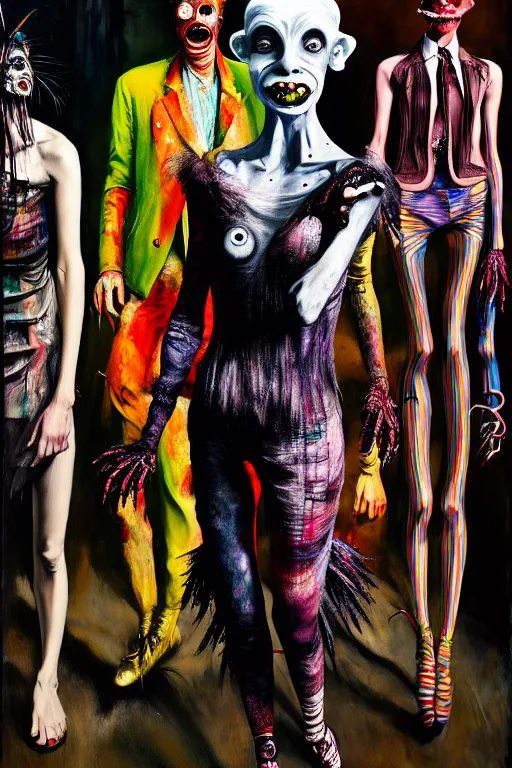 Image similar to crazy fashion catwalk, freak show, crazy clothes, biopunk style, horror, hauntingly surreal, highly detailed painting by francis bacon, edward hopper, adrian ghenie, gerhard richter, and james jean soft light 4 k,