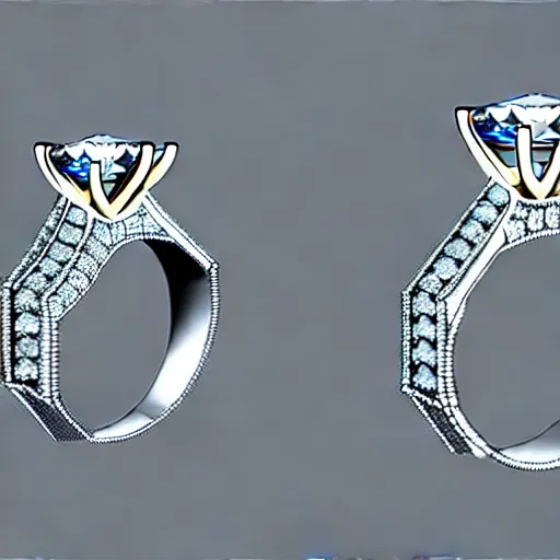 Image similar to wedding ring with two diamonds outside and one in the middle, realistic, hyper detailed, concept art, victorian, multiple angles, schematic