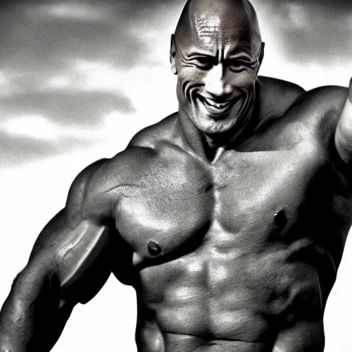 Image similar to Dwayne the rock Johnson with a really big forehead with abbs