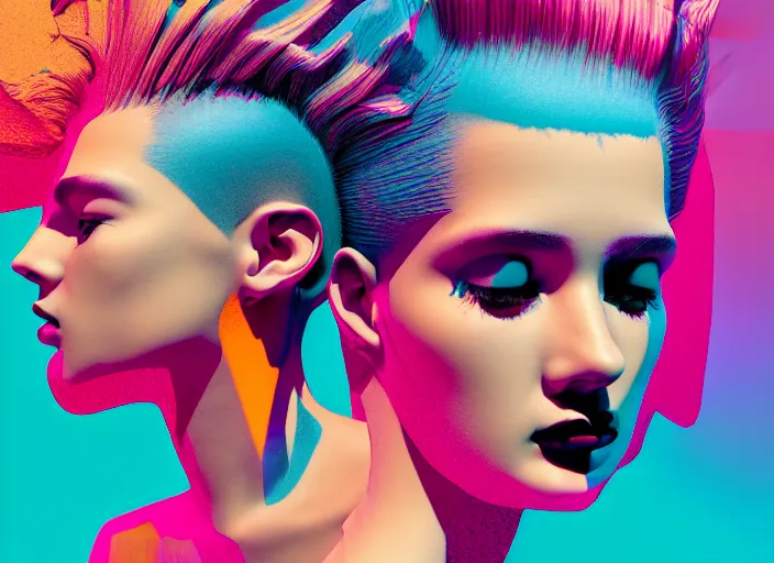 Prompt: portrait of a post modern vaporwave fashion model with an exuberant hair style, colorful, octane render, vray, detailed, halftoned, editorial illustration, matte print, grainy light, ( ( dither ) ), risograph, high contrast, screen print