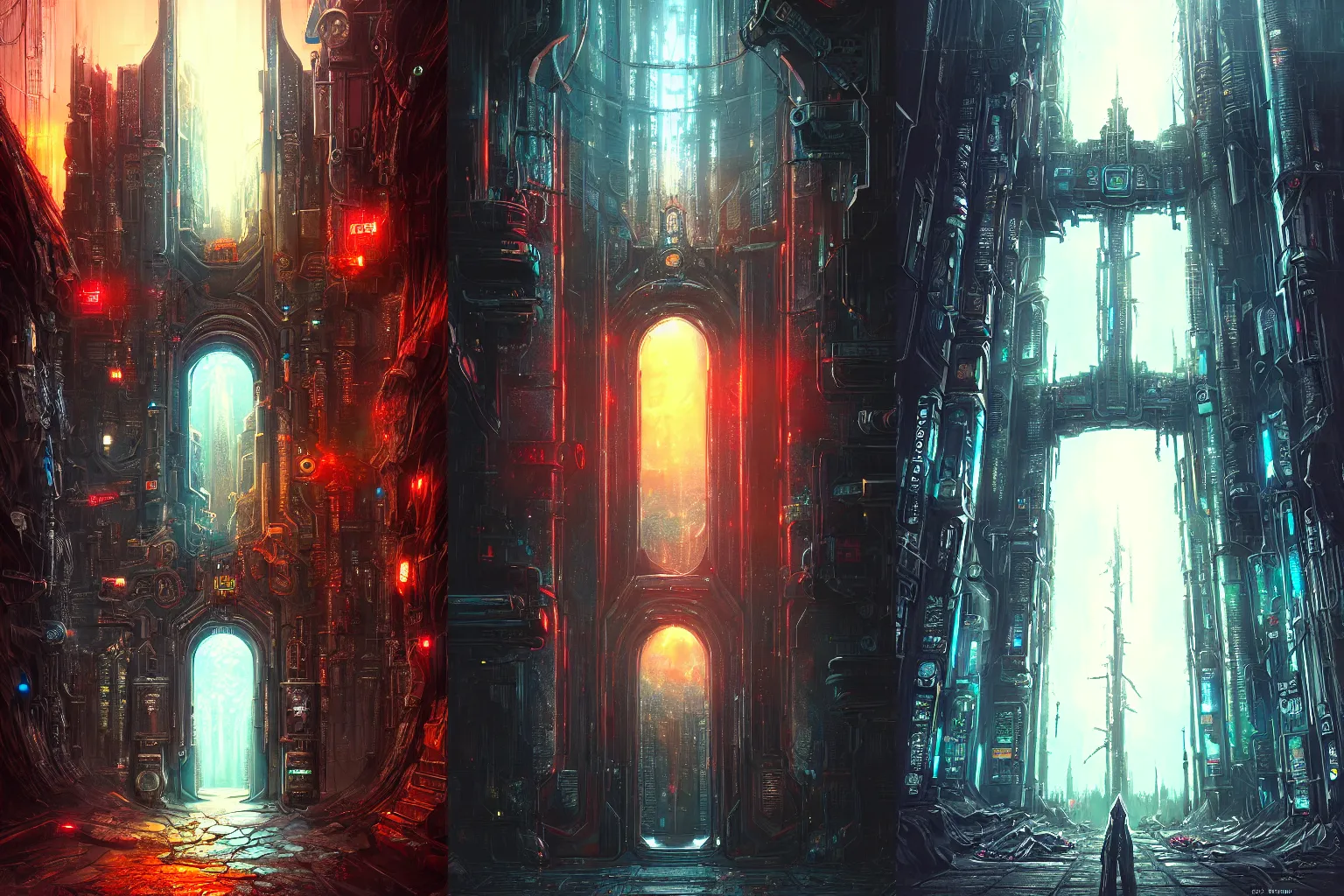 Prompt: The gate to the eternal kingdom of cyberpunk, fantasy, digital art, HD, detailed.