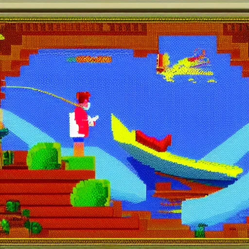 Prompt: 2 5 6 px by 2 5 6 px. expensive pixel work, masterpiece with dithering in the right places, pixel art shrek fishing on a sailboat