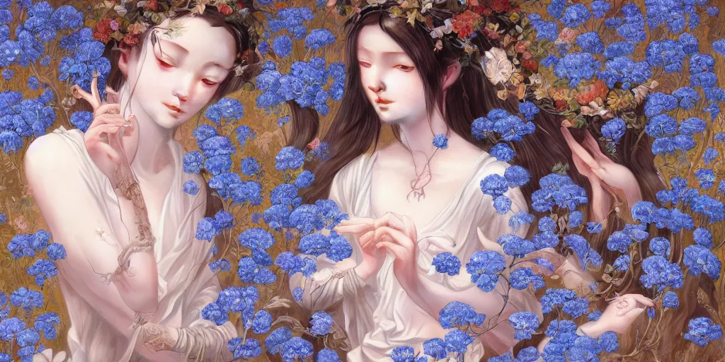 Image similar to breathtaking detailed concept art painting of the goddess of nemophila flowers, orthodox saint, with anxious, piercing eyes, ornate background, amalgamation of leaves and flowers, by Hsiao-Ron Cheng, James jean, Miho Hirano, Hayao Miyazaki, extremely moody lighting, 8K