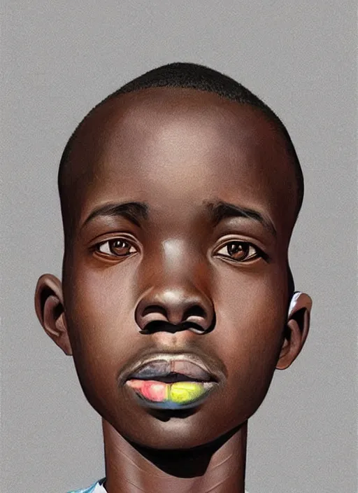 Image similar to colourful upper half portrait of an african boy with exaggerated facial features - art by aya takano & hsiao - ron cheng, highly detailed, caricature, digital painting, illustration, smooth, sharp focus, intricate, symmetry, pinterest, behance, artstation