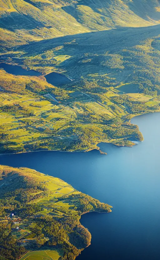 Image similar to nordic fjord, summer morning light, aerial view, beautiful landscape, cinematic light, soft illumination, cinematic composition, wide - angle, atmospheric, oil painting, trending on artstation