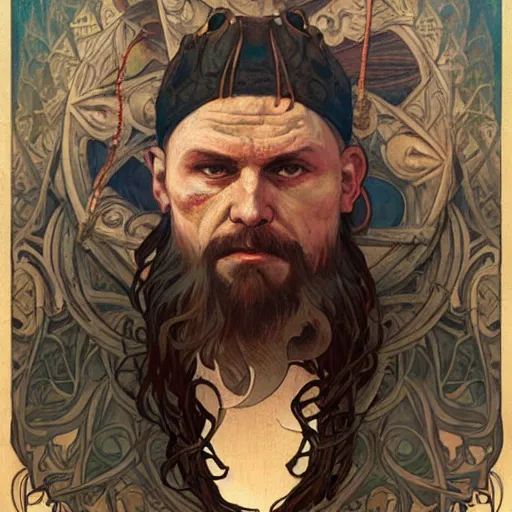 Image similar to portrait of tattooed Slavic Viking priest by Anato Finnstark, Alphonse Mucha, and Greg Rutkowski