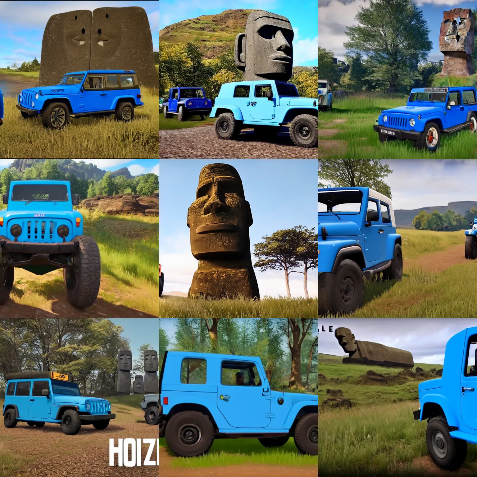 Prompt: moai in forza horizon 4 game with blue jeep poster style, youtube clickbait tumbnail stye - s 1 5 0